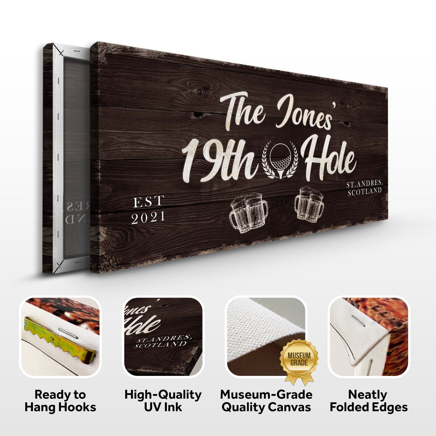 Canvas 19th Hole Golf Personalized Sign II on dark wood plank with white script on Tampa Home & Garden Store