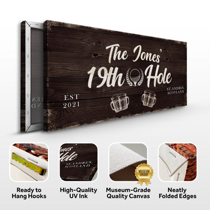 Canvas 19th Hole Golf Personalized Sign II on dark wood plank with white script on Tampa Home & Garden Store