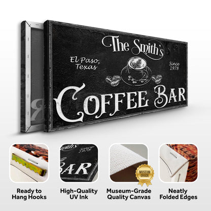 Personalized Coffee Bar Sign VI canvas in black with lettering by Tailored Canvases on Tampa Home & Garden Store