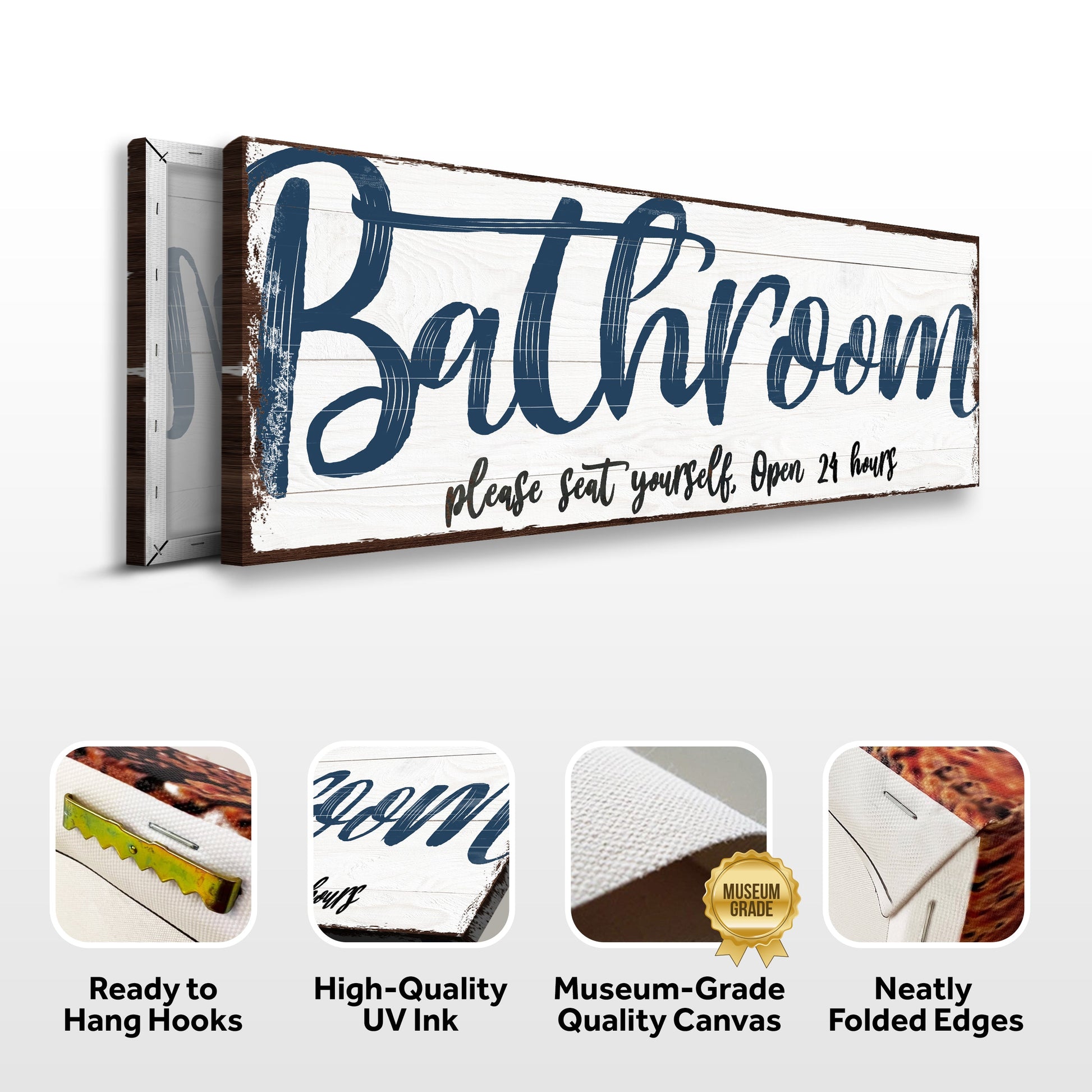 Please Seat Yourself Bathroom Sign II canvas with white wood background and blue script on Tampa Home & Garden Store