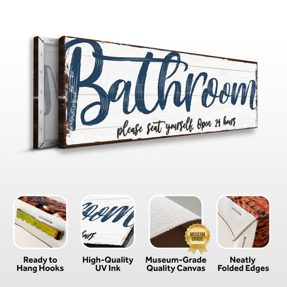 Please Seat Yourself Bathroom Sign II canvas with white wood background and blue script on Tampa Home & Garden Store