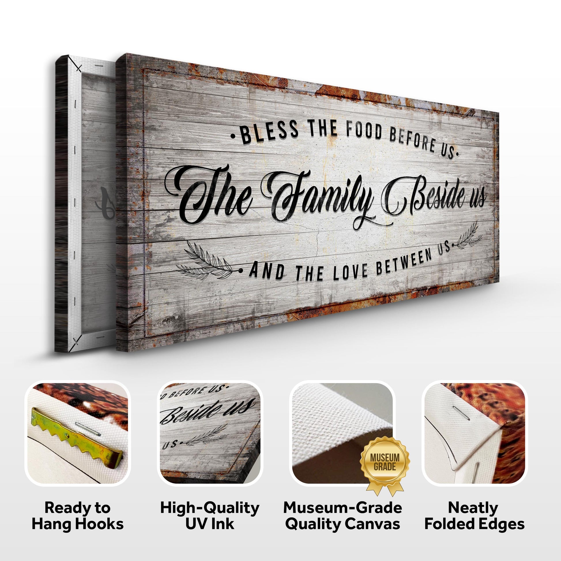 Bless The Food Before Us sign canvas by Tailored Canvases with weathered wood planks on Tampa Home & Garden Store