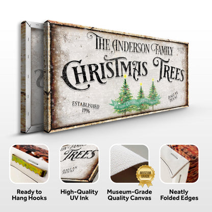 Family Christmas Tree Farm Sign III canvas by Tailored Canvases, sign with text and trees on Tampa Home & Garden Store