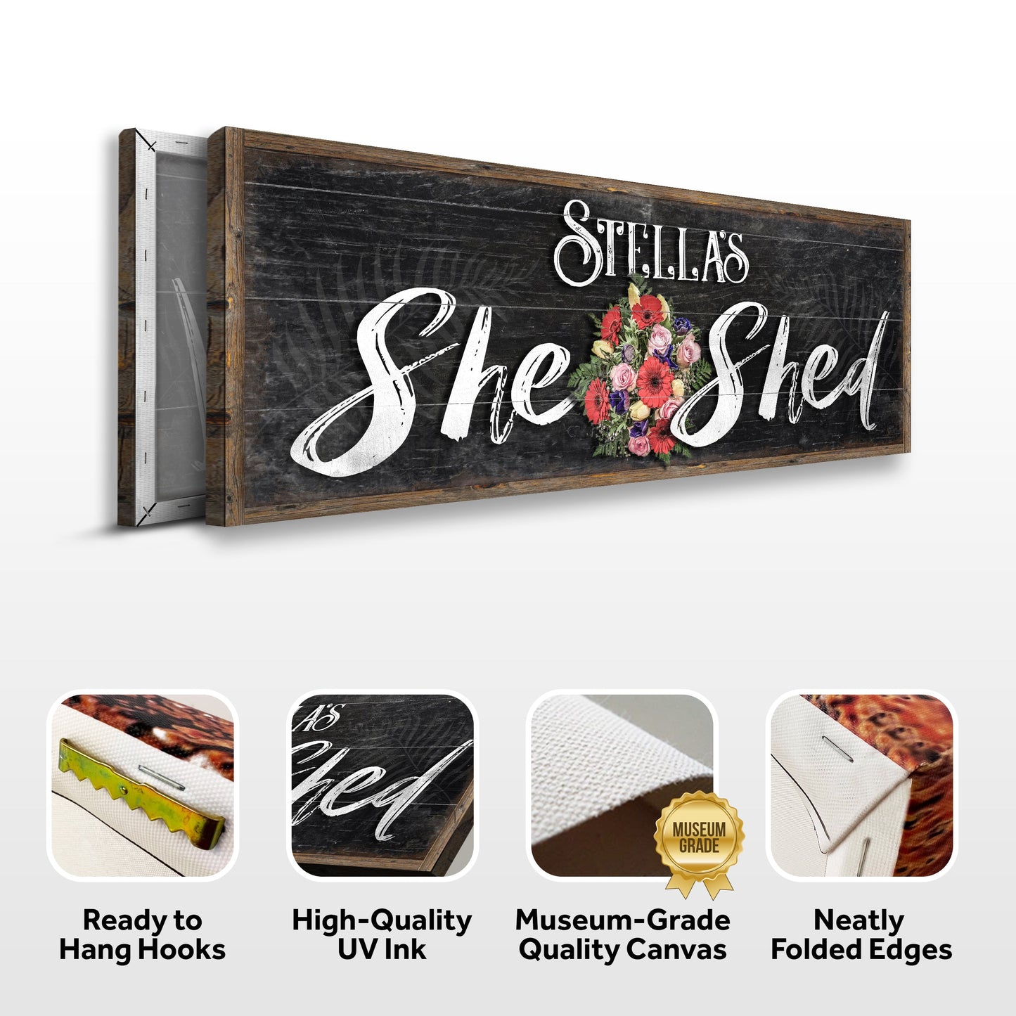 Personalized She Shed sign canvas with rustic wood frame and floral bouquet by Tailored Canvases on Tampa Home & Garden Store