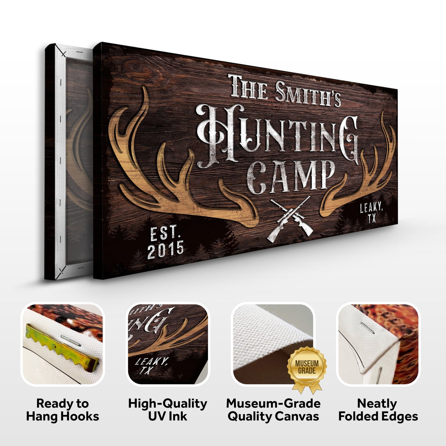 Family Hunting Camp Sign canvas on dark wood grain Tailored Canvases crafting canvas on Tampa Home & Garden Store