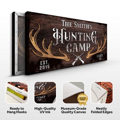 Family Hunting Camp Sign canvas on dark wood grain Tailored Canvases crafting canvas on Tampa Home & Garden Store