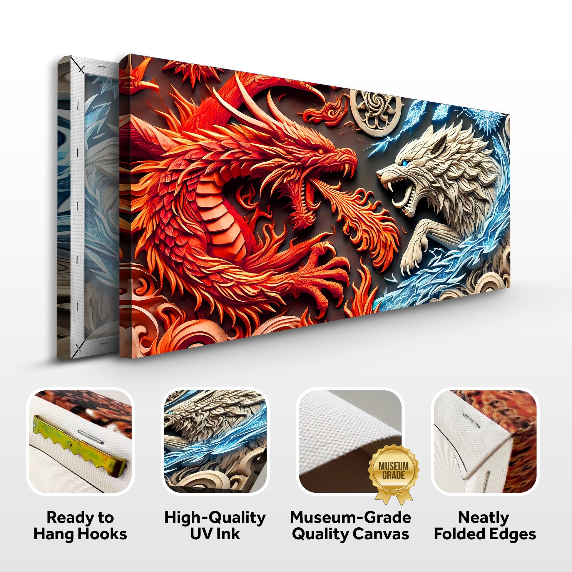 3D Dragon and Wolf Wall Art V canvas Tailored Canvases, red dragon vs white wolf, canvas on Tampa Home & Garden Store