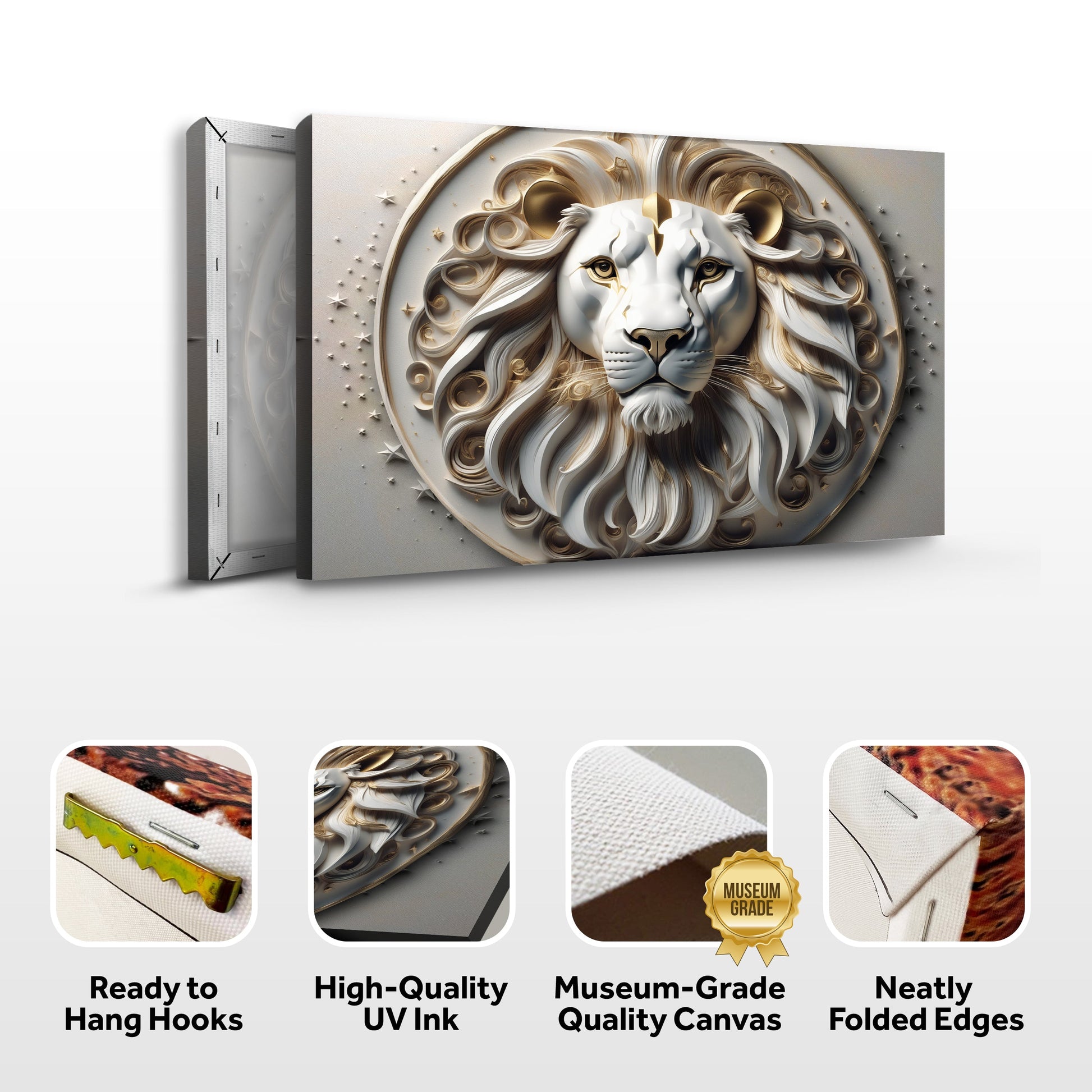 3D Majestic Lion Wall Art VI canvas with white and gold lion relief Tailored Canvases on Tampa Home & Garden Store