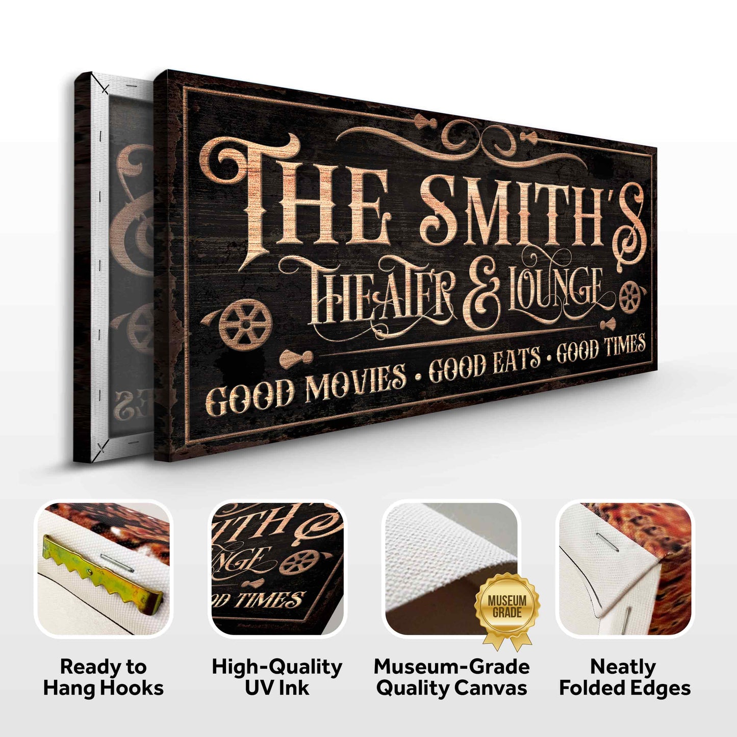 Theater Sign V canvas by Tailored Canvases in dark wood with copper ornamental typography on Tampa Home & Garden Store
