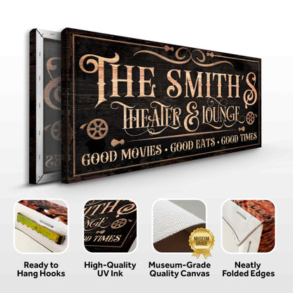 Theater Sign V canvas by Tailored Canvases in dark wood with copper ornamental typography on Tampa Home & Garden Store