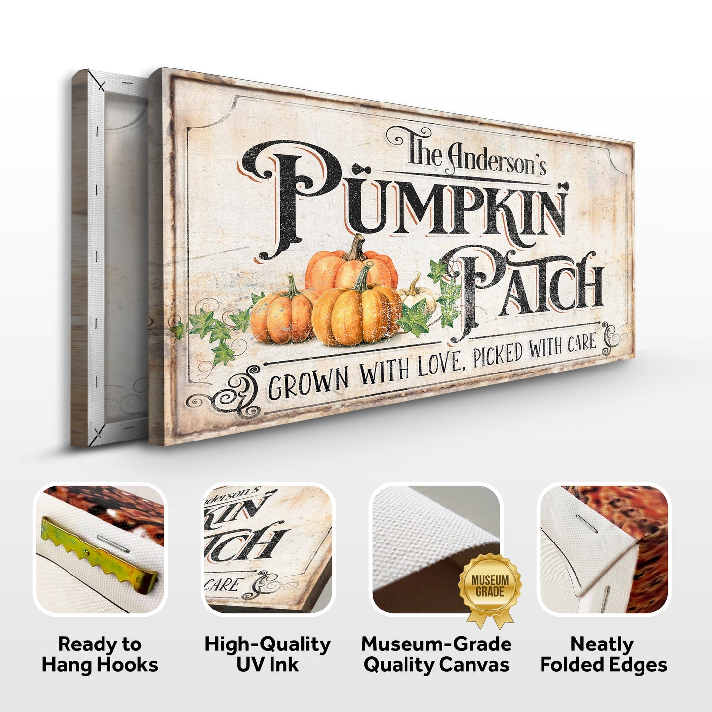 Personalized Pumpkin Patch Sign III canvas with vintage wood background and pumpkins on Tampa Home & Garden Store