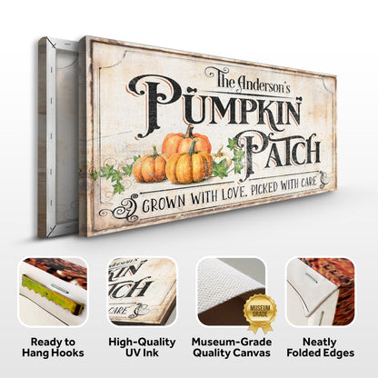 Personalized Pumpkin Patch Sign III canvas with vintage wood background and pumpkins on Tampa Home & Garden Store