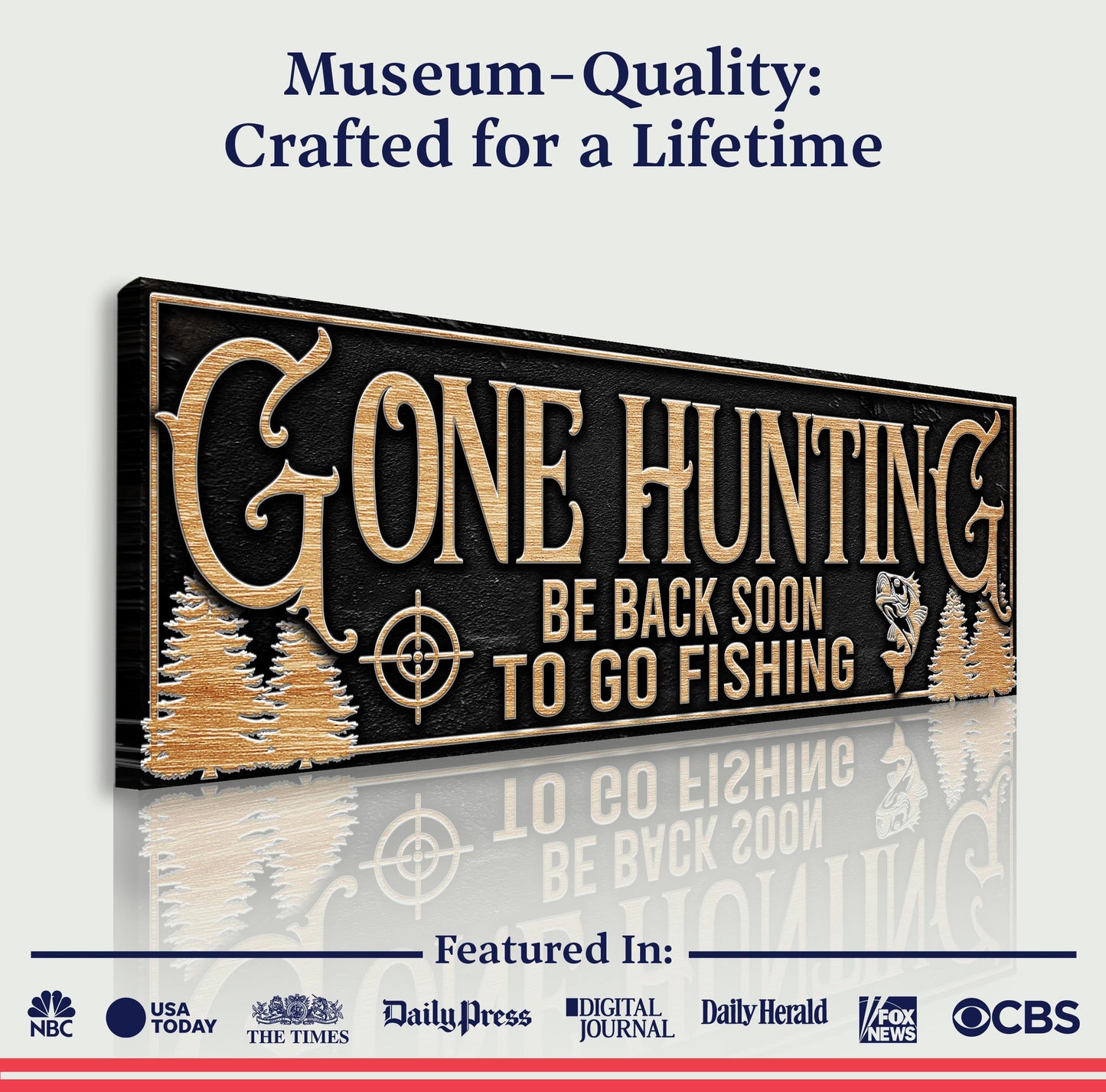 Gone Hunting Sign canvas by Tailored Canvases with rustic wood and gold lettering on Tampa Home & Garden Store