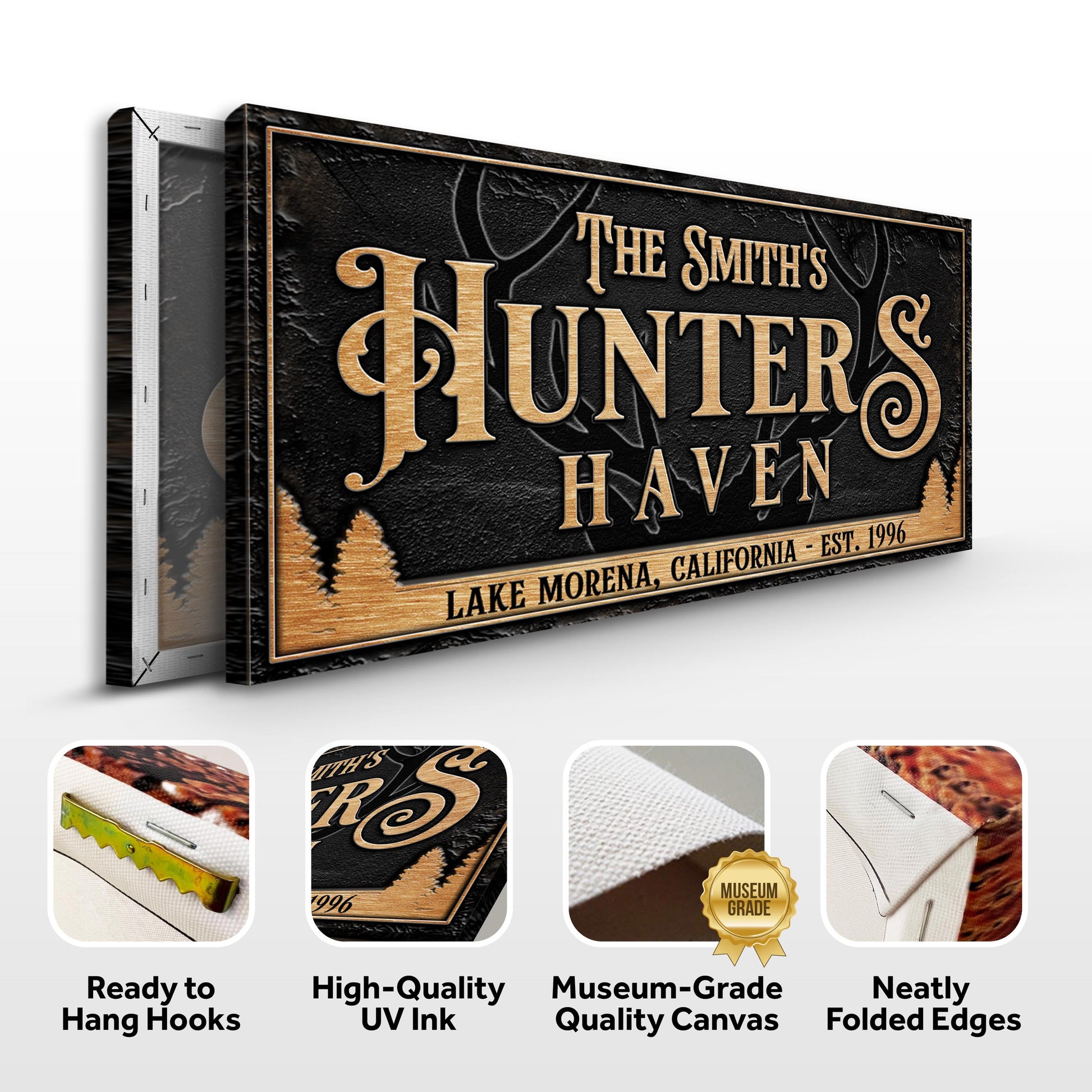 Personalized Hunters Haven Family Sign canvas by Tailored Canvases with black gold text on Tampa Home & Garden Store