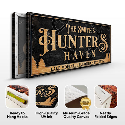 Personalized Hunters Haven Family Sign canvas by Tailored Canvases with black gold text on Tampa Home & Garden Store