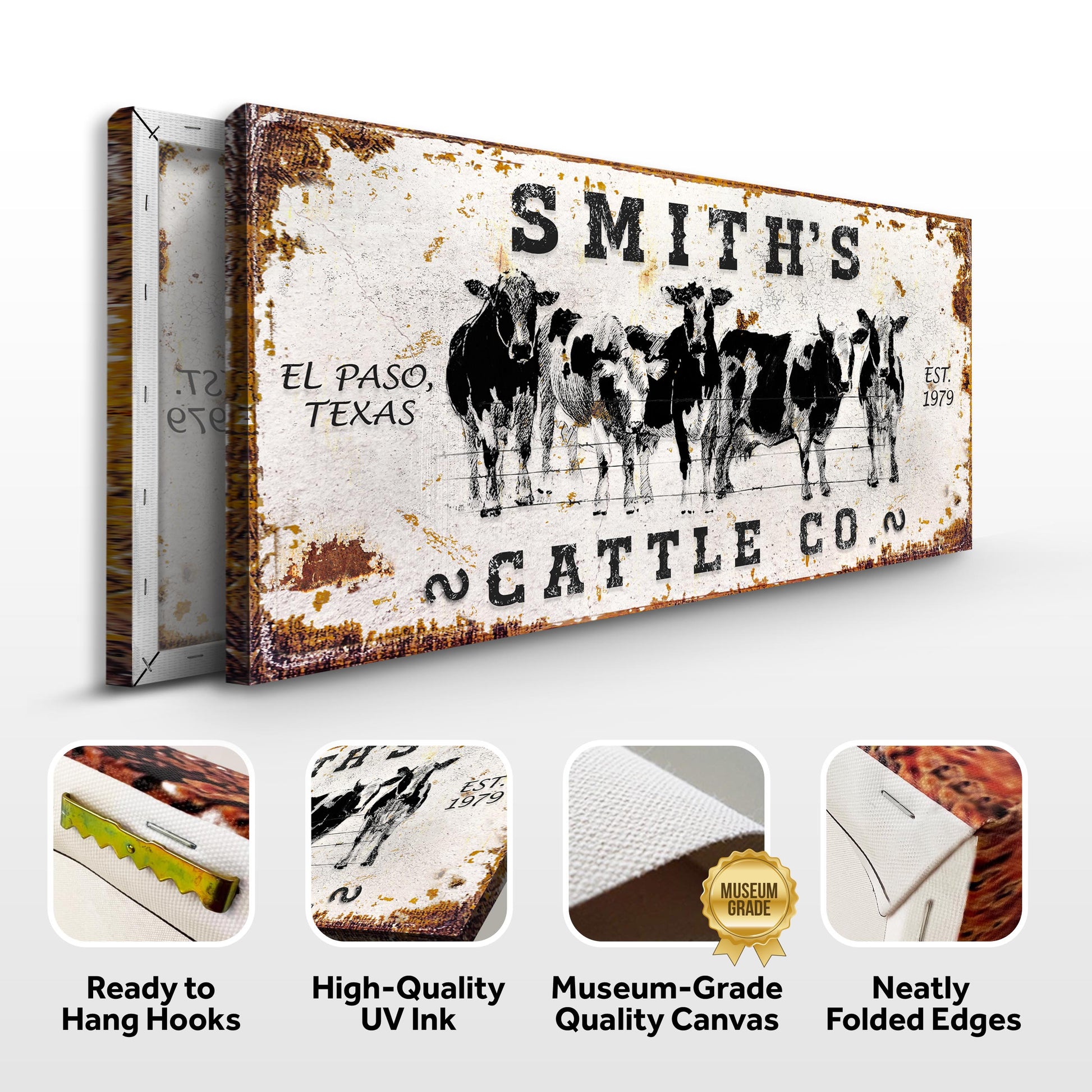 Personalized Cattle Sign II canvas with distressed white background and cattle silhouettes on Tampa Home & Garden Store
