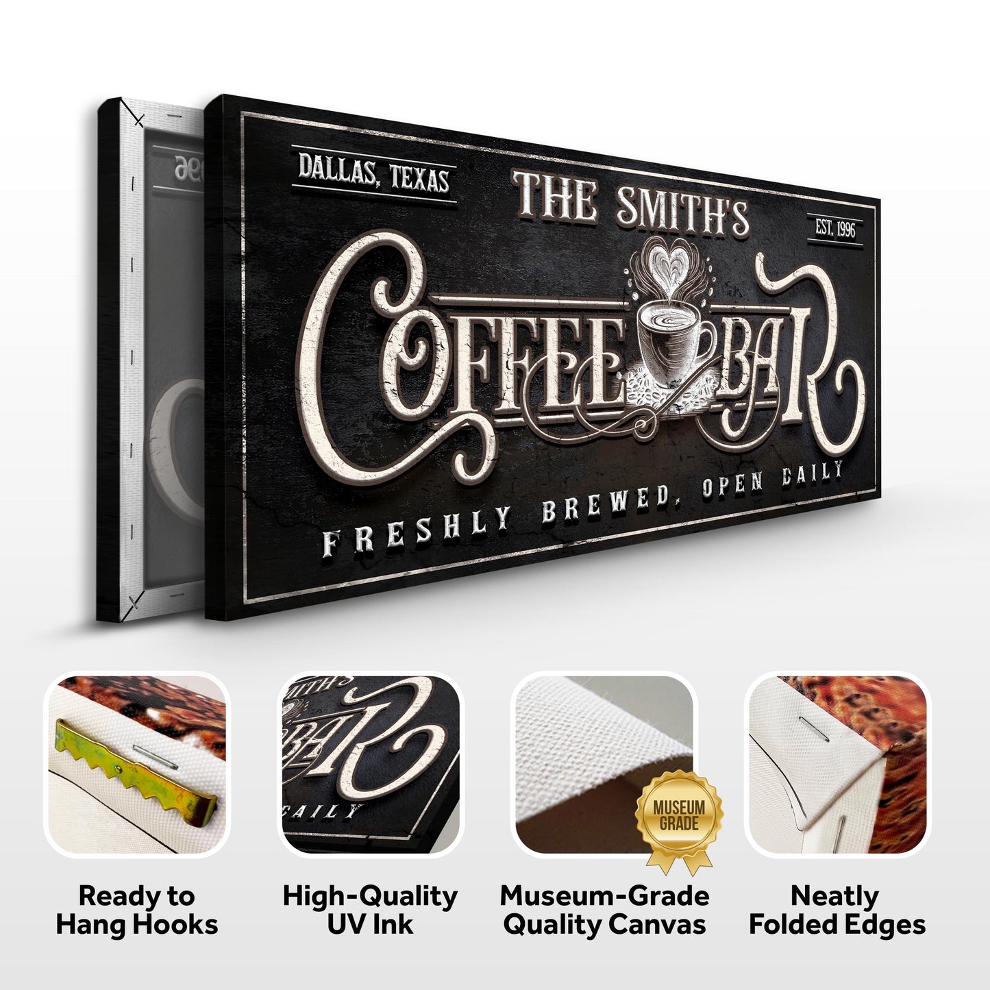 Personalized Coffee Bar Sign canvas by Tailored Canvases; vintage black with cream lettering on Tampa Home & Garden Store