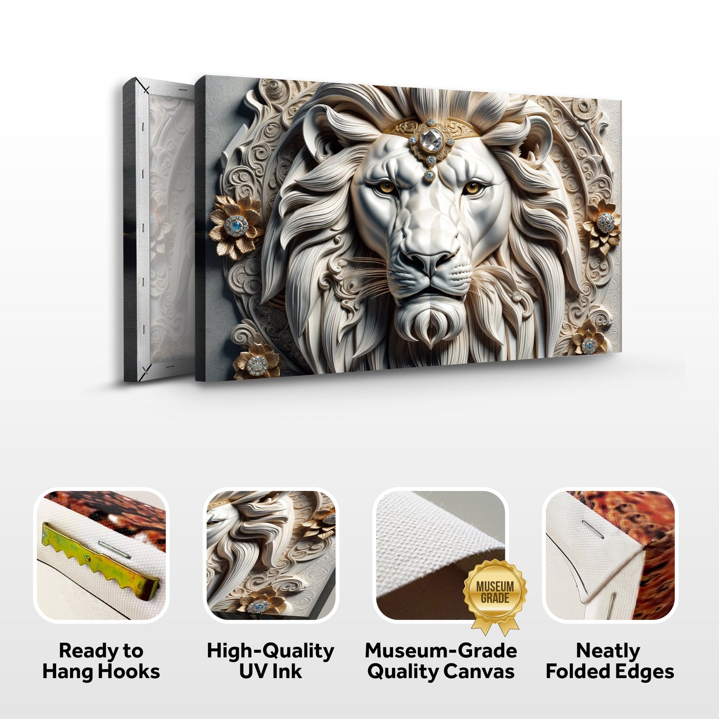 3D Majestic Lion Wall Art II canvas by Tailored Canvases, ornate white lion with jeweled crown on Tampa Home & Garden Store