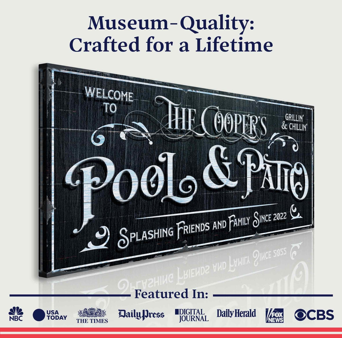 Personalized pool sign canvas in black and white by Tailored Canvases on Tampa Home & Garden Store