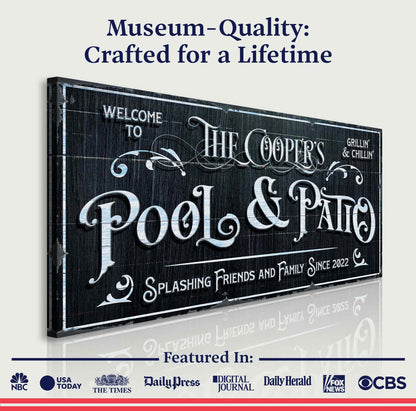 Personalized pool sign canvas in black and white by Tailored Canvases on Tampa Home & Garden Store