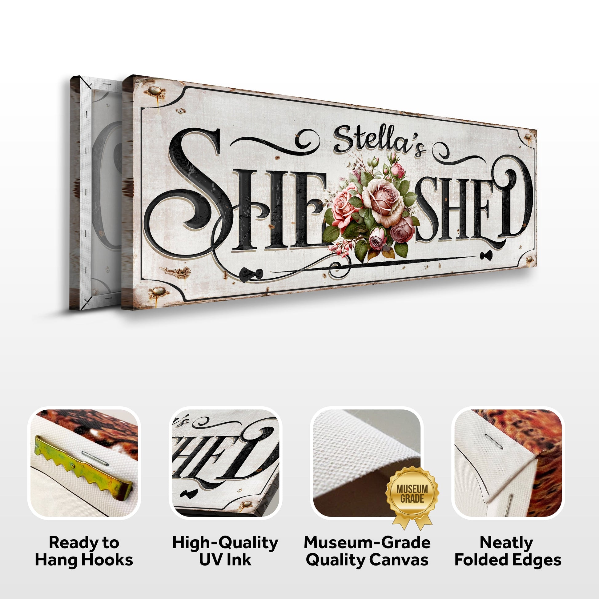 Personalized She Shed Sign canvas with distressed wood and floral bouquet Tailored Canvases on Tampa Home & Garden Store