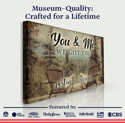 Canvas wall art You & Me sign with rustic forest backdrop and personalized couple names on Tampa Home & Garden Store