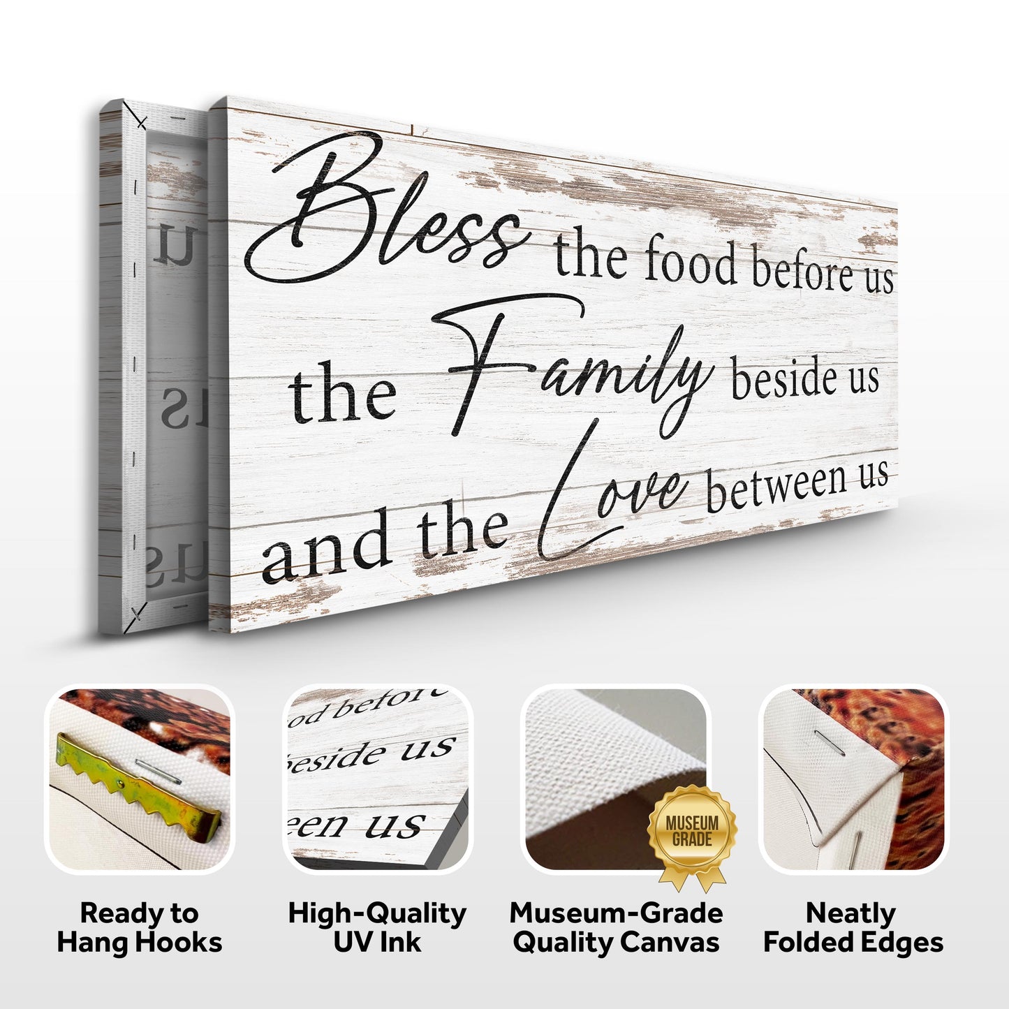 Bless The Food, Family, And Love Sign V canvas by Tailored Canvases on whitewashed wood on Tampa Home & Garden Store