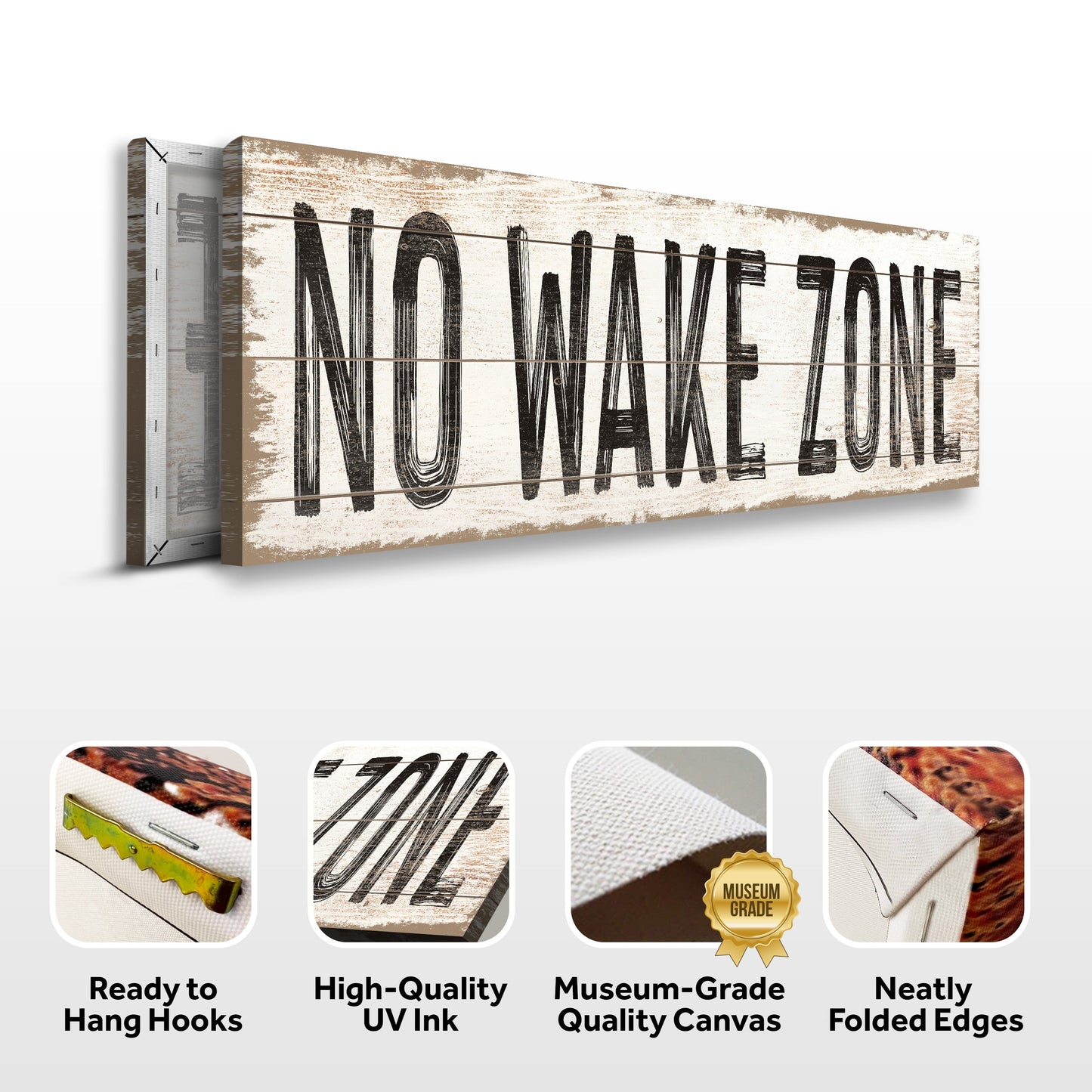 No Wake Zone XVII canvas by Tailored Canvases with beige wood grain texture on Tampa Home & Garden Store