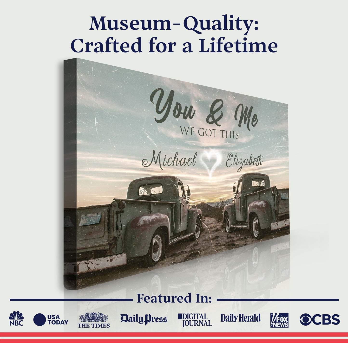 Canvas sign with vintage truck scene featuring You & Me text and We Got This by Tailored Canvases on Tampa Home & Garden Store