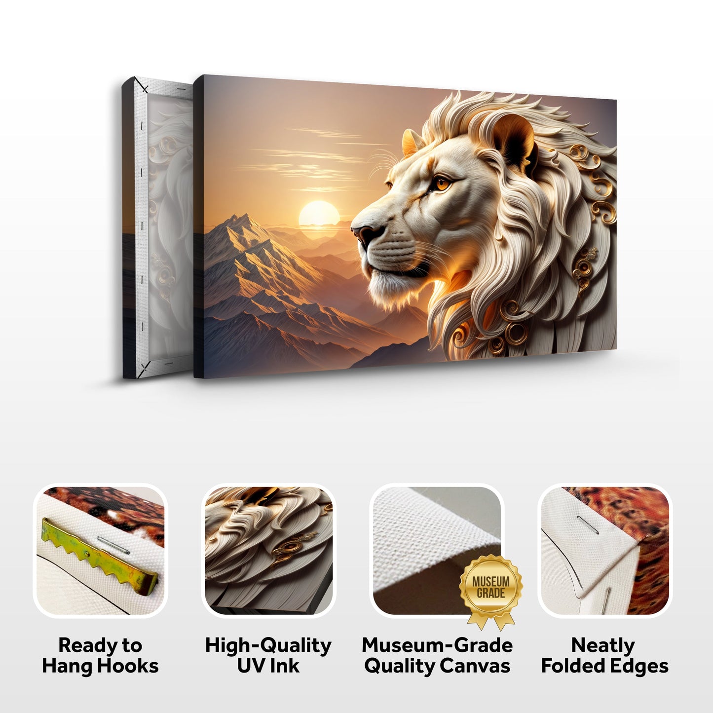 3D Majestic Lion Wall Art IV canvas by Tailored Canvases with sunset mountains backdrop on Tampa Home & Garden Store