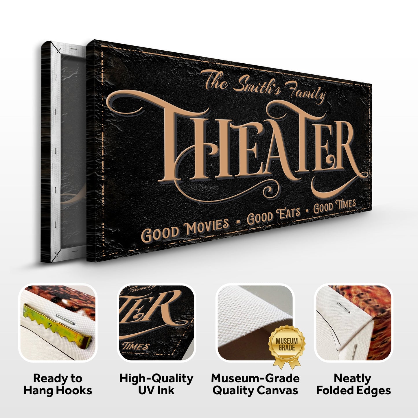 Personalized Theater Sign VI canvas black copper script Tailored Canvases on Tampa Home & Garden Store