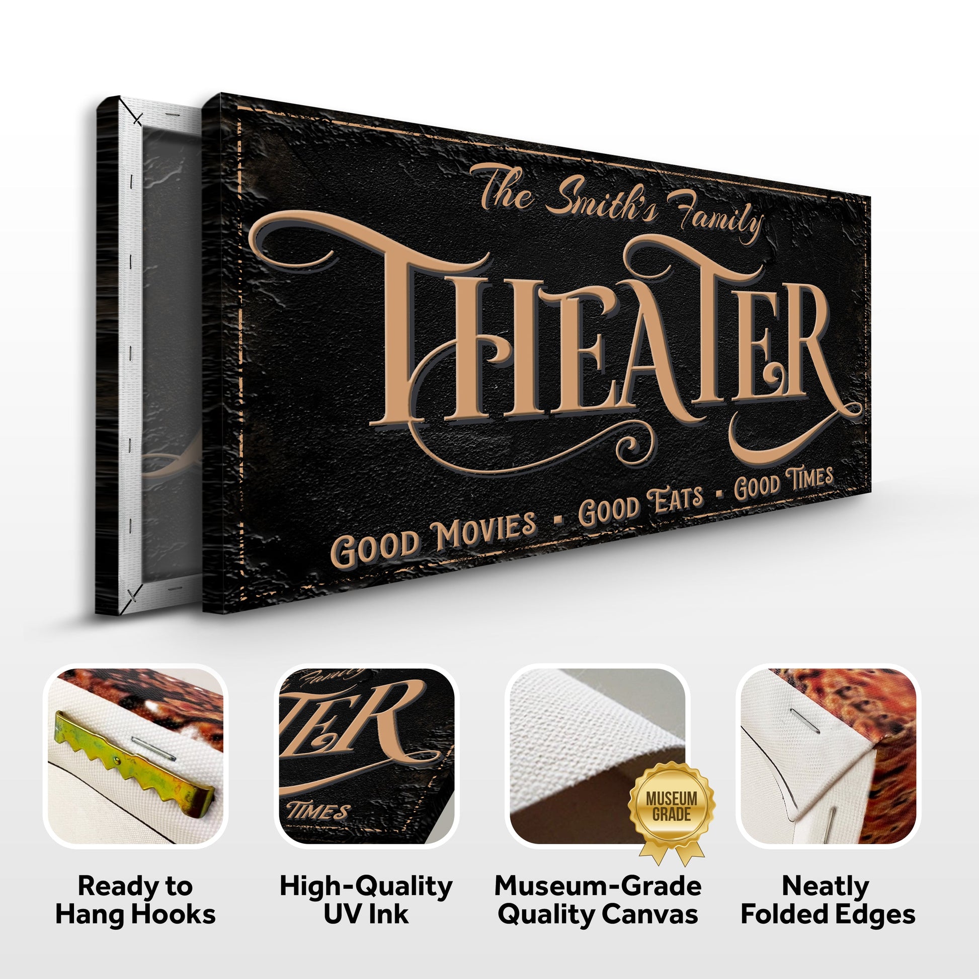 Personalized Theater Sign VI canvas black copper script Tailored Canvases on Tampa Home & Garden Store