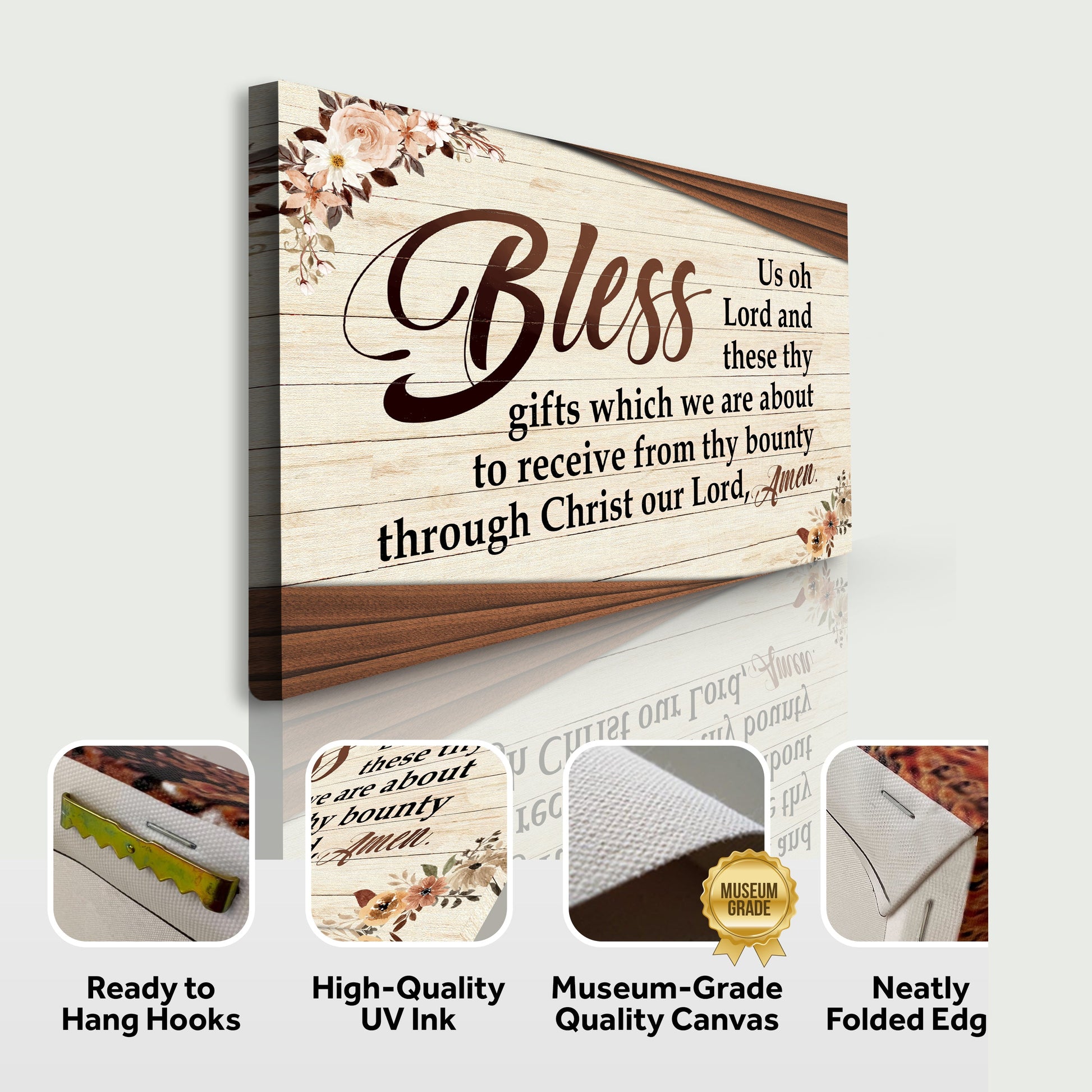 Bless Us Oh Lord Faith Sign III canvas by Tailored Canvases on wood with floral corner on Tampa Home & Garden Store