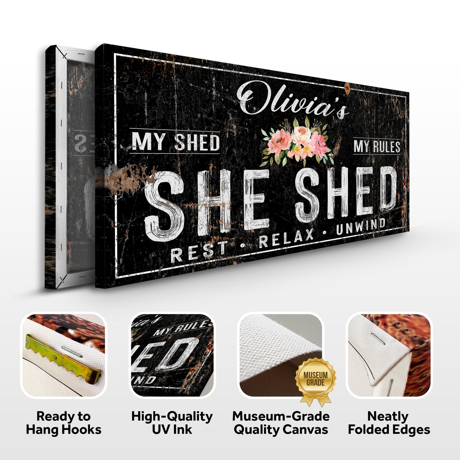 Personalized She Shed Sign IX canvas by Tailored Canvases in black distressed finish on Tampa Home & Garden Store