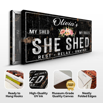 Personalized She Shed Sign IX canvas by Tailored Canvases in black distressed finish on Tampa Home & Garden Store