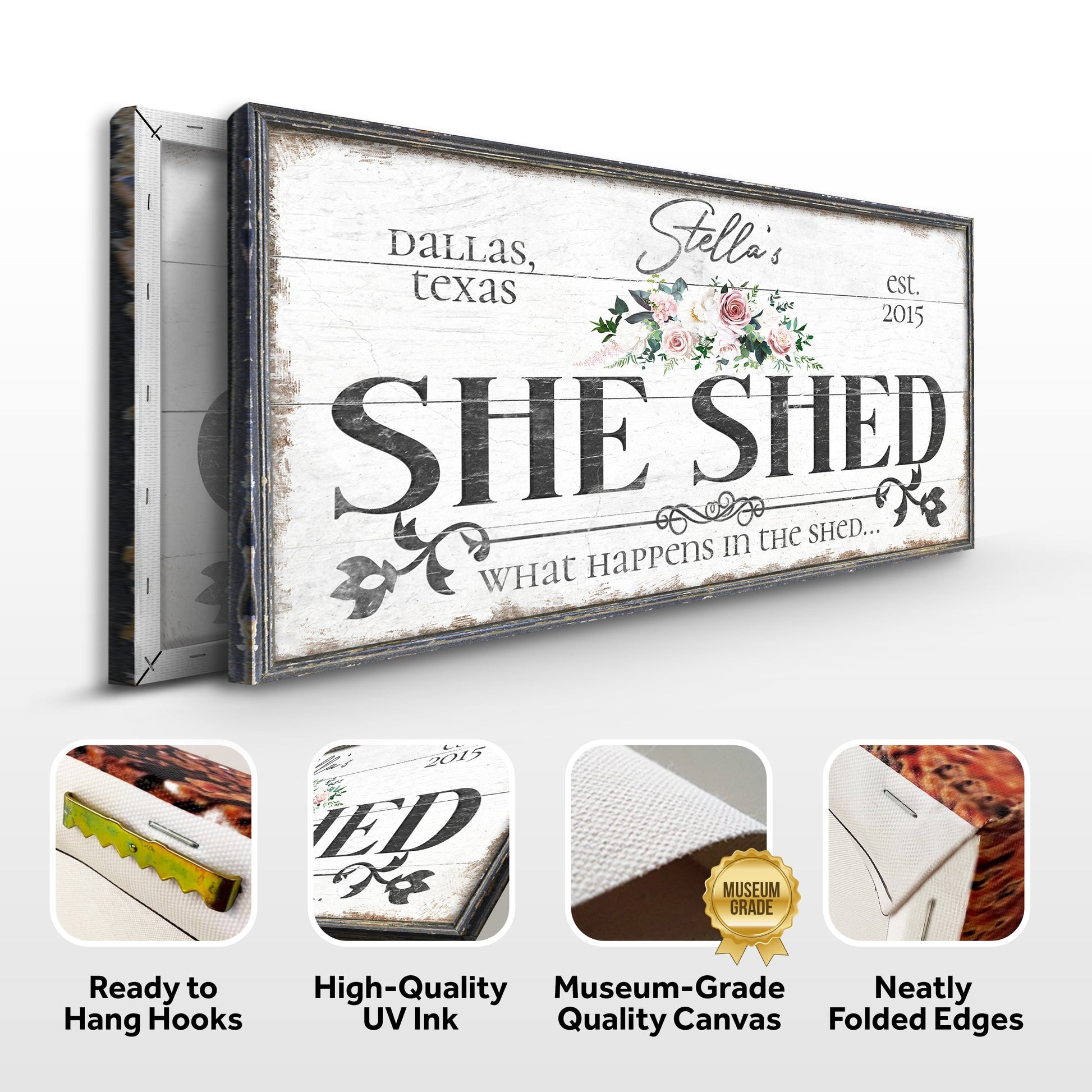 Personalized She Shed Sign VII canvas with white wood and floral bouquet by Tailored Canvases on Tampa Home & Garden Store