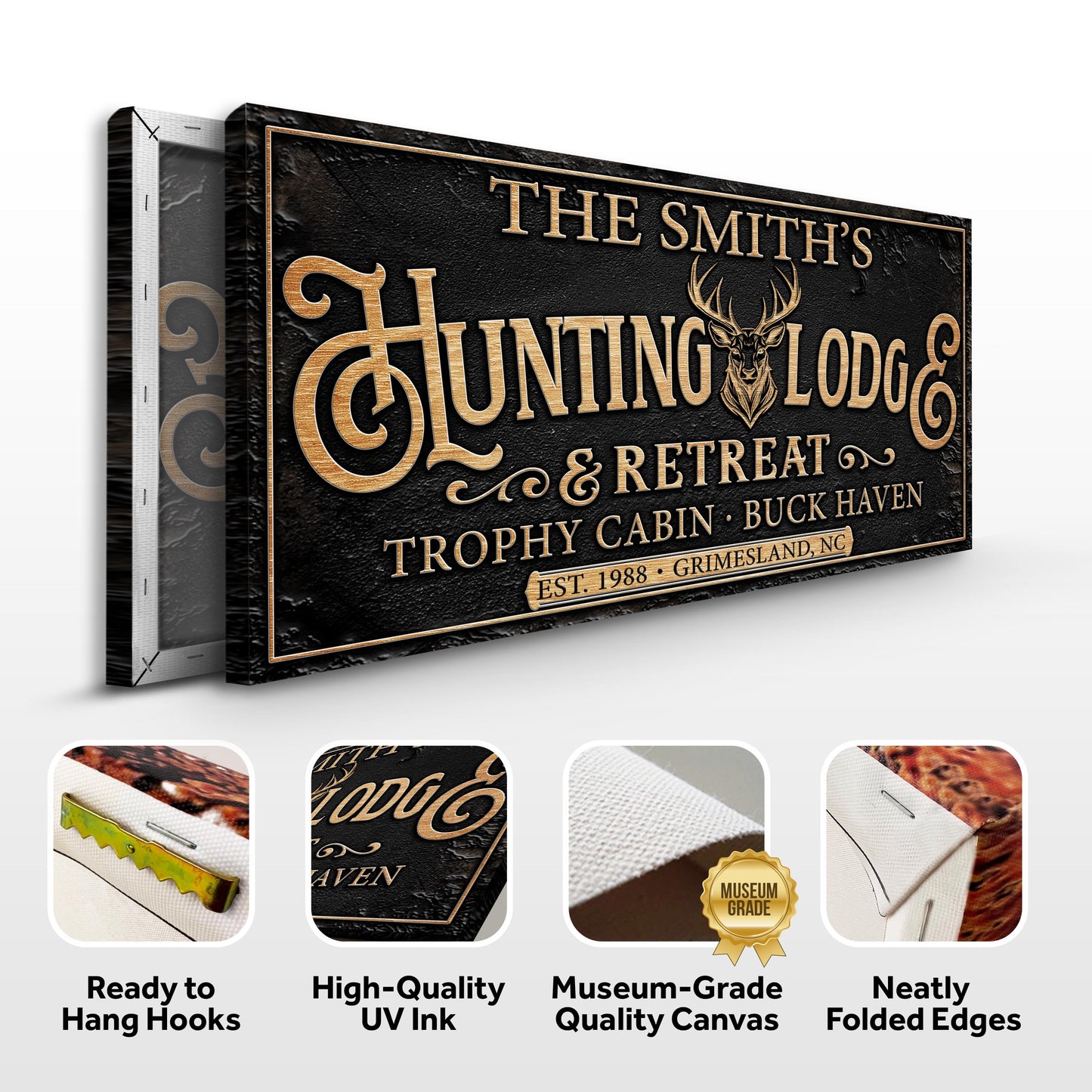 Canvas sign Family Hunting Lodge Retreat by Tailored Canvases with gold-on-black lettering on Tampa Home & Garden Store