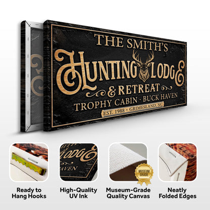 Canvas sign Family Hunting Lodge Retreat by Tailored Canvases with gold-on-black lettering on Tampa Home & Garden Store