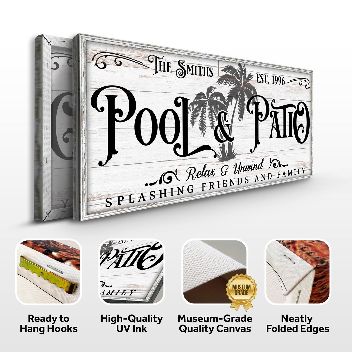 Pool & Patio Sign VI canvas with white wood backdrop and palm trees Tailored Canvases on Tampa Home & Garden Store