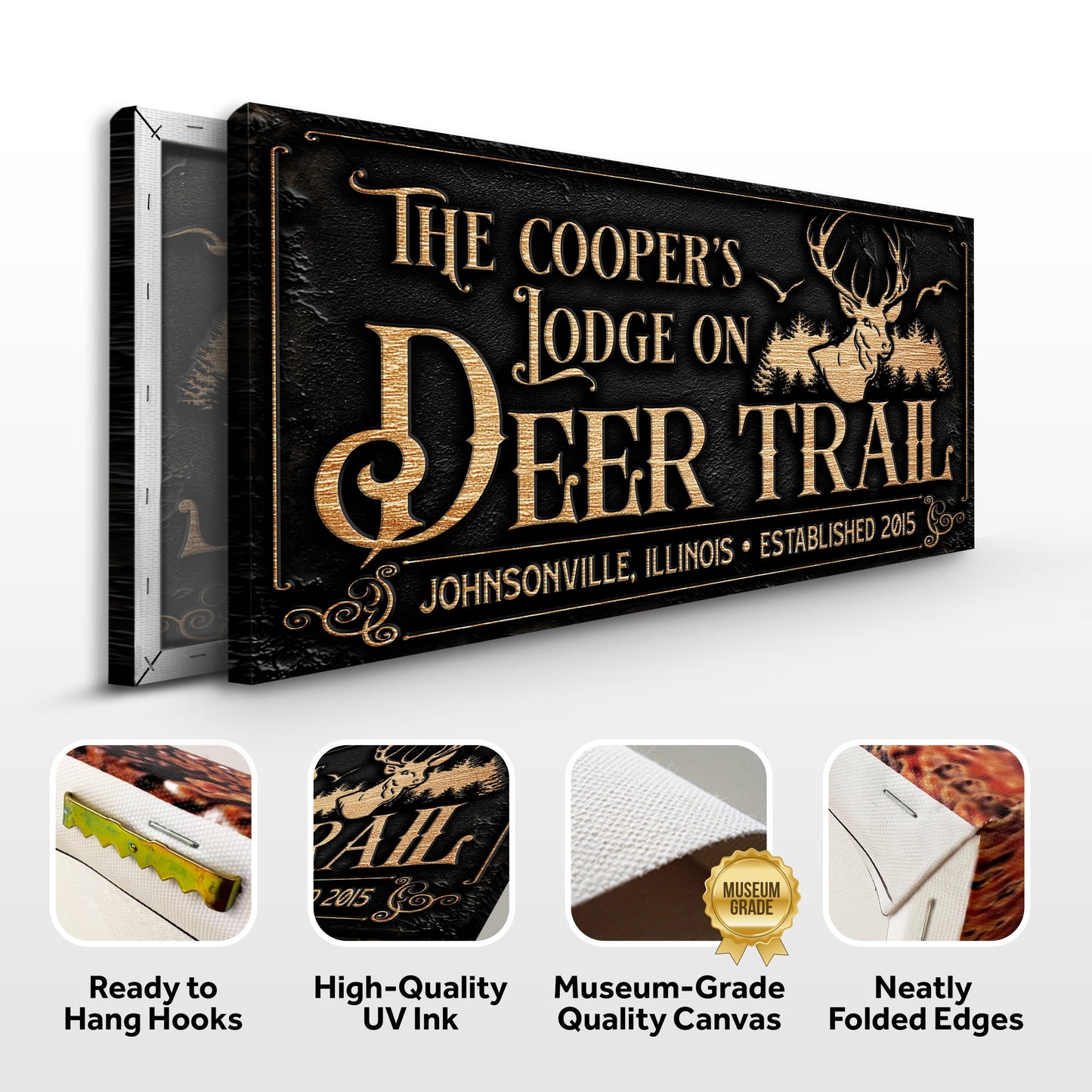 Hunting Lodge Sign canvas by Tailored Canvases, black textured with gold lettering on Tampa Home & Garden Store