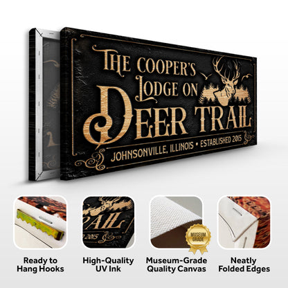 Hunting Lodge Sign canvas by Tailored Canvases, black textured with gold lettering on Tampa Home & Garden Store