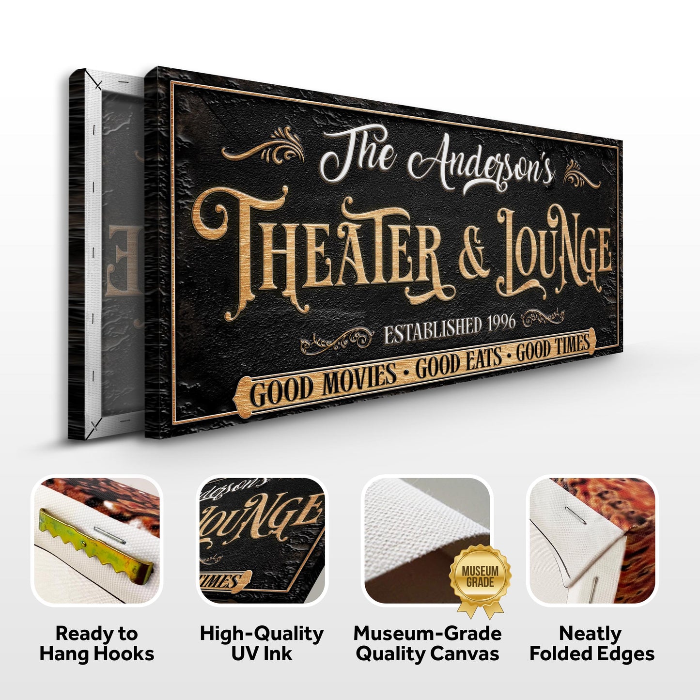 Family Theater And Lounge Sign VI canvas by Tailored Canvases, black with gold text on Tampa Home & Garden Store