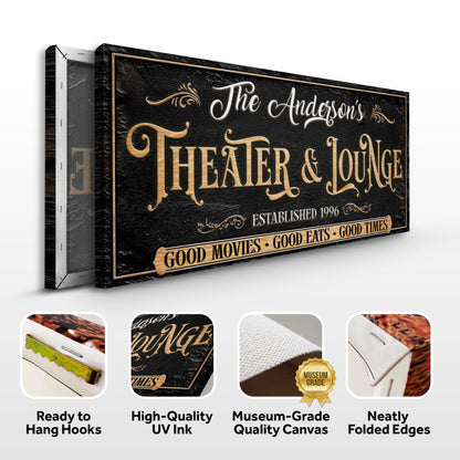 Family Theater And Lounge Sign VI canvas by Tailored Canvases, black with gold text on Tampa Home & Garden Store