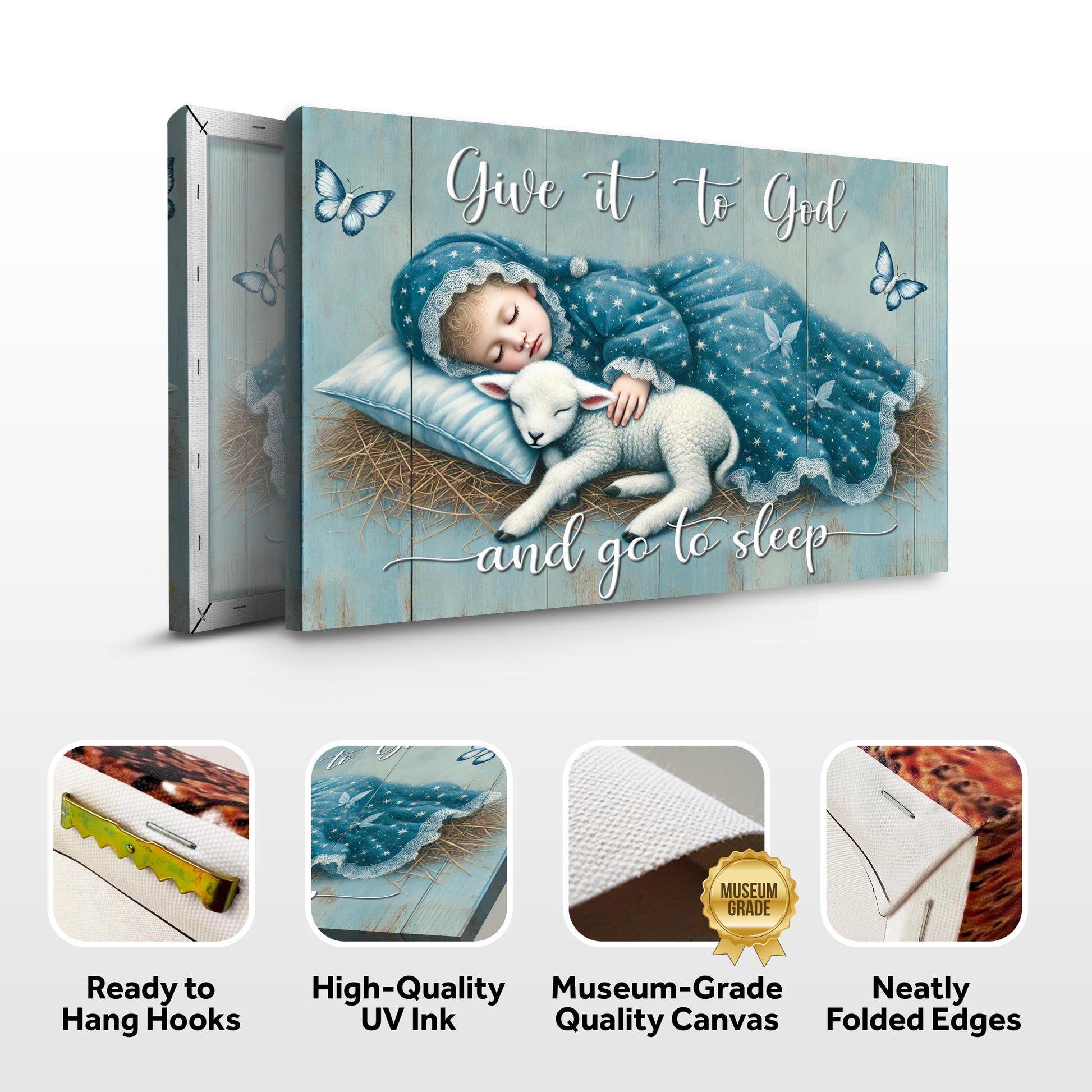 Faith Sign VII canvas Give It To God And Go To Sleep on panel with sleeping baby and lamb on Tampa Home & Garden Store