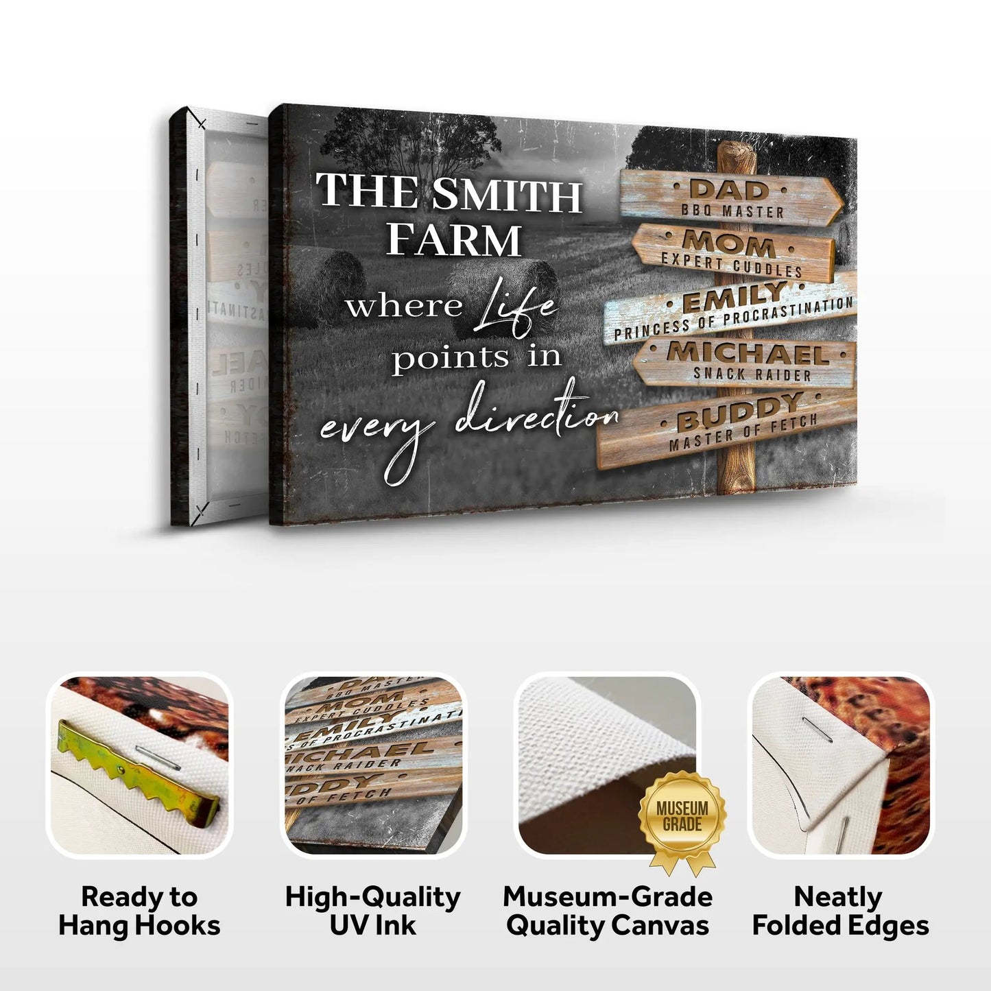 Canvas sign showing The Smith Farm with wooden signs listing family names Tailored Canvases on Tampa Home & Garden Store