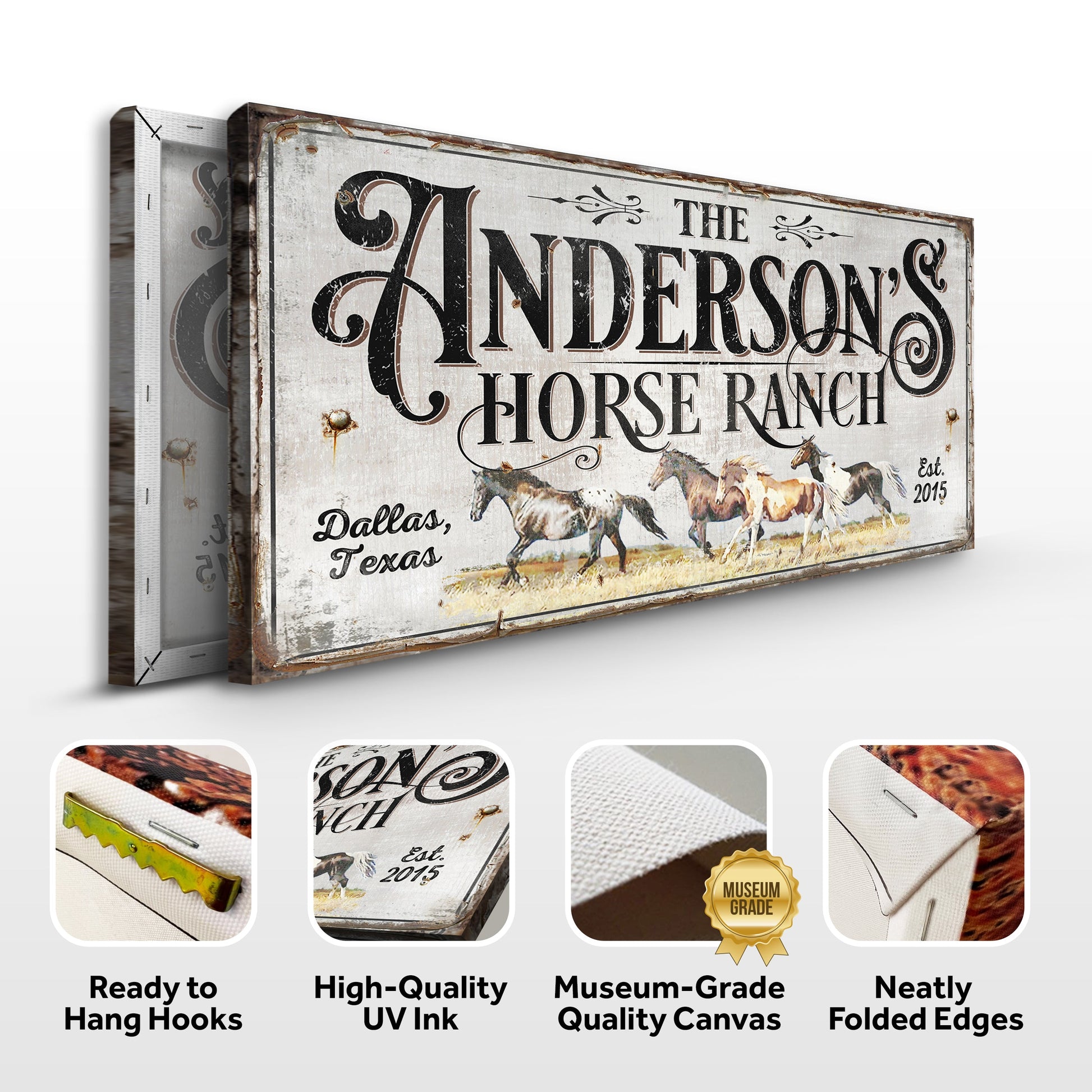 Personalized Horse Ranch Sign II canvas with distressed white wood and vintage typography on Tampa Home & Garden Store