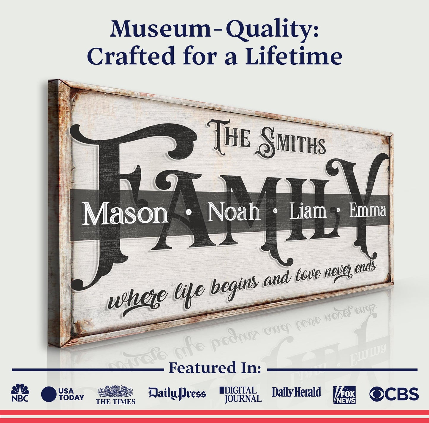 Canvas Family Sign XXIII by Tailored Canvases with vintage wood frame and script names on Tampa Home & Garden Store