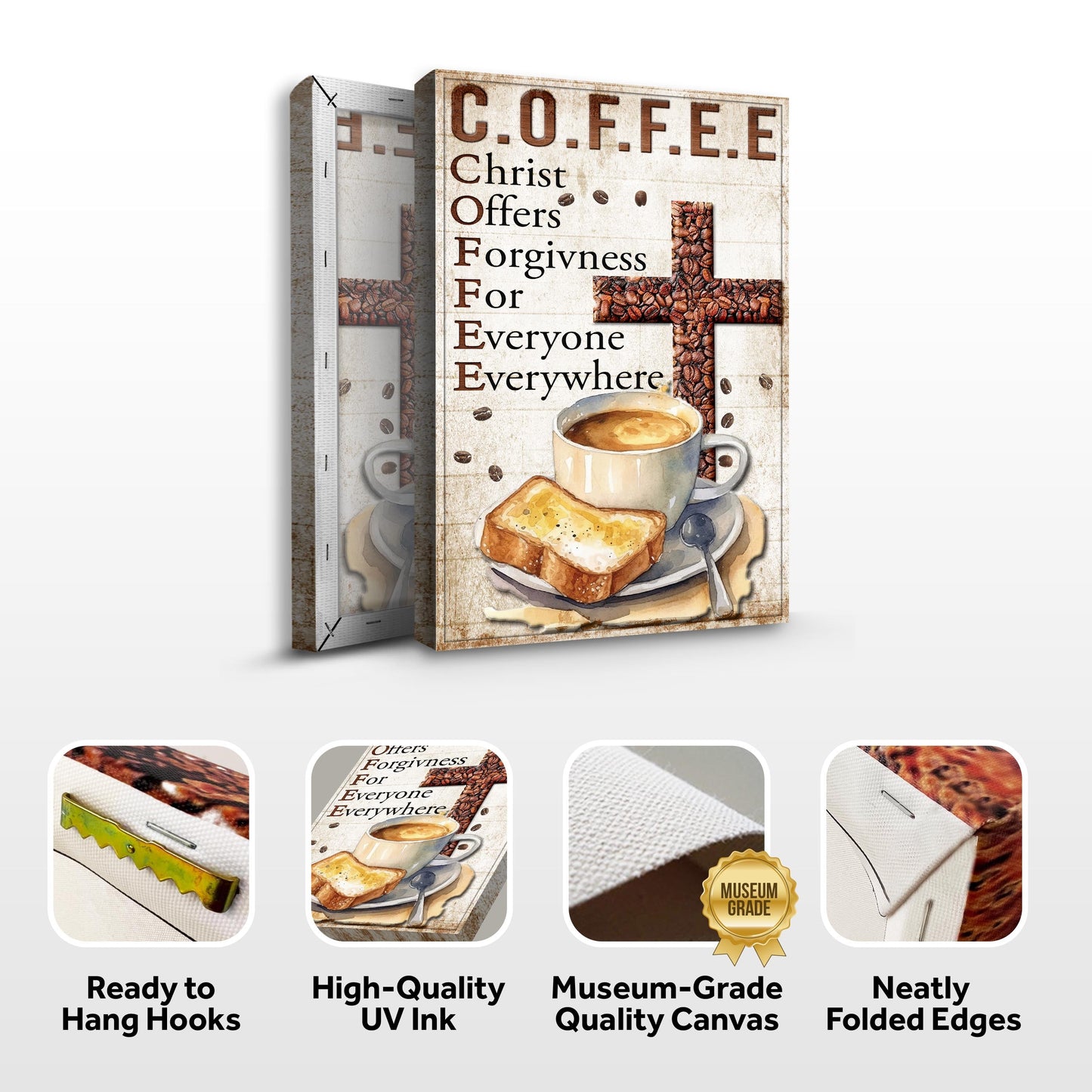 Christ And Coffee Faith Sign IV canvas with coffee bean cross, cup and toast Tailored Canvases on Tampa Home & Garden Store
