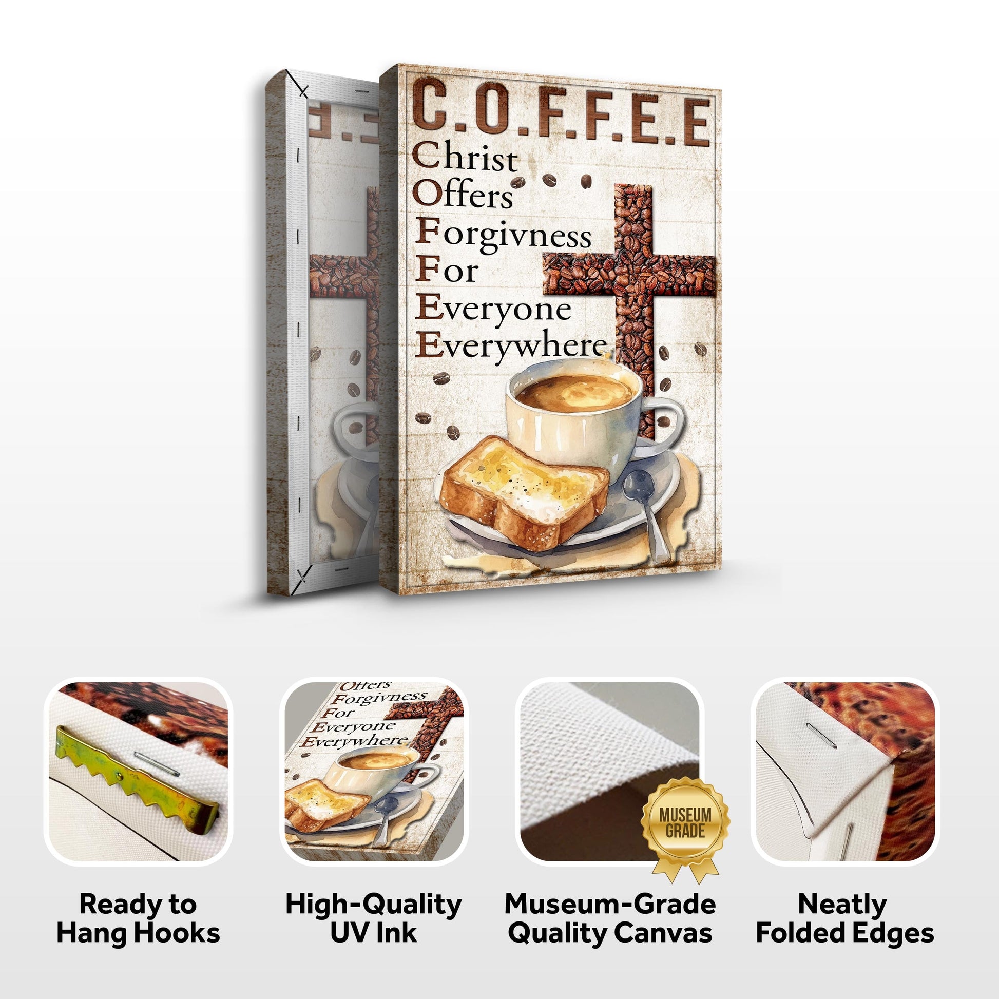 Christ And Coffee Faith Sign IV canvas with coffee bean cross, cup and toast Tailored Canvases on Tampa Home & Garden Store