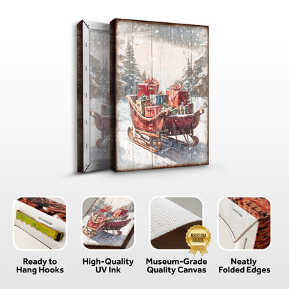 Vintage Christmas Sleigh Sled Wall Art Canvas on rustic wood panel with gifts Tailored Canvases on Tampa Home & Garden Store